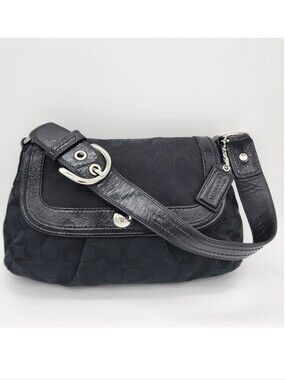 Coach Signature Pleated Soho Flap Shoulder Bag Black Silver Vtg Y2K Jacquard